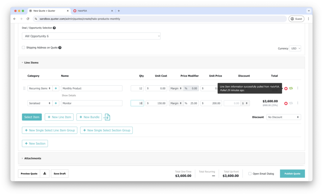 No more toggling between platforms with the latest Quoter + HaloPSA integration enhancements, which includes the ability to automatically populate a quote with HaloSPA supplier details, such as SKU, price, and cost. 